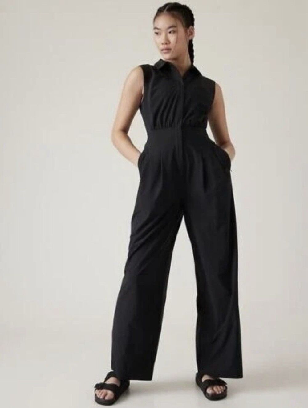 Athleta Brooklyn Utility Jumpsuit Women 4 Black Travel Lightweight Stretch Comfy